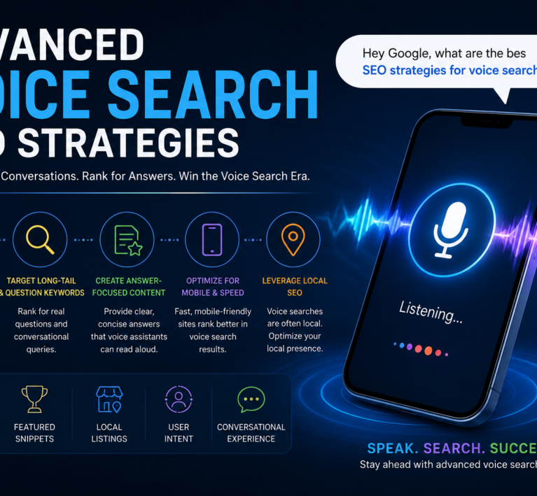 Advanced Voice Search SEO Strategies infographic showing AI search optimization